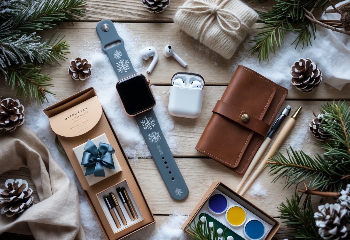 A flat lay of winter-themed tech and hobby gifts including a smartwatch, wireless earbuds, a journal, and watercolor paints surrounded by pine cones and evergreen sprigs on a wooden surface.