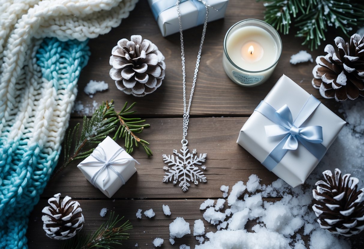 A flat lay of winter-themed birthday gifts including a knitted scarf, silver snowflake necklace, scented candle, wrapped gift box, pinecones, and evergreen sprigs on a wooden surface.