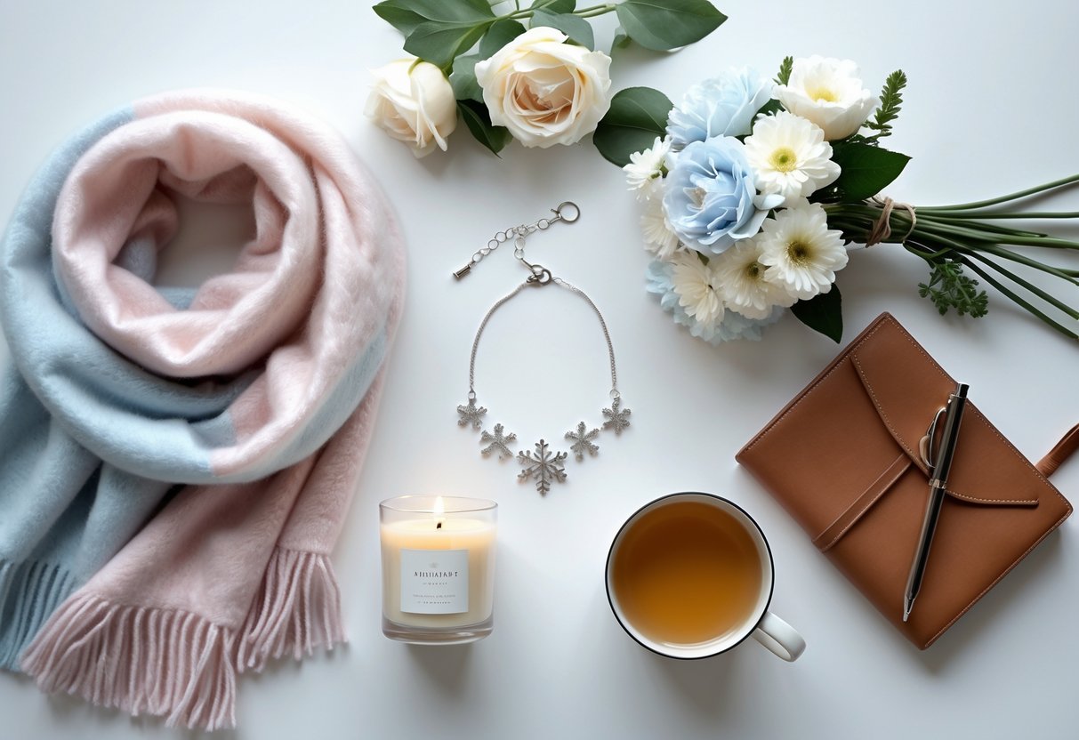 A flat lay of cozy winter-themed birthday gifts including a scarf, silver necklace, scented candle, flowers, journal, and a cup of tea on a white background.