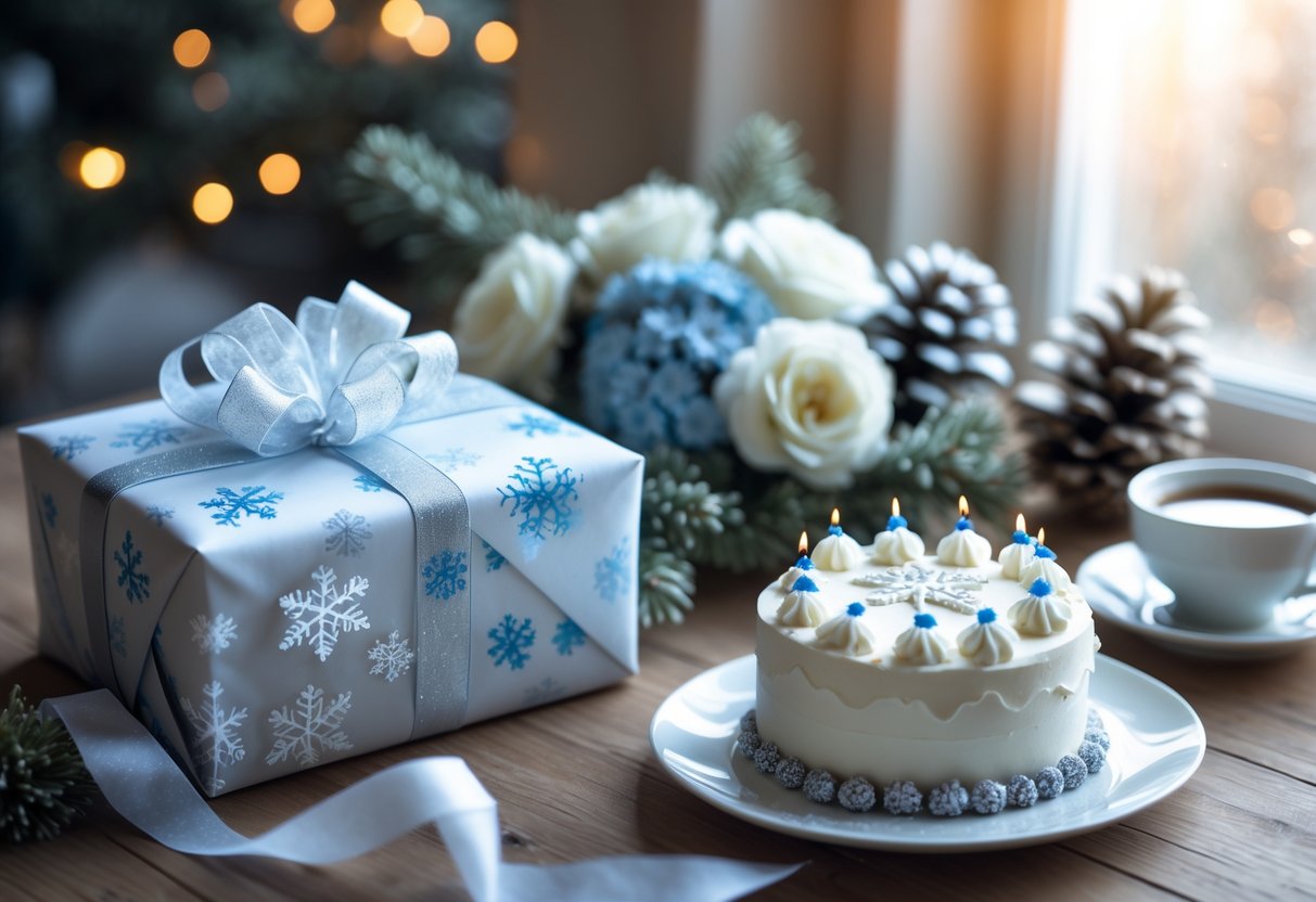A cozy indoor scene with a wrapped gift, winter-themed flowers, a decorated birthday cake, and a cup of tea on a wooden table near a window.