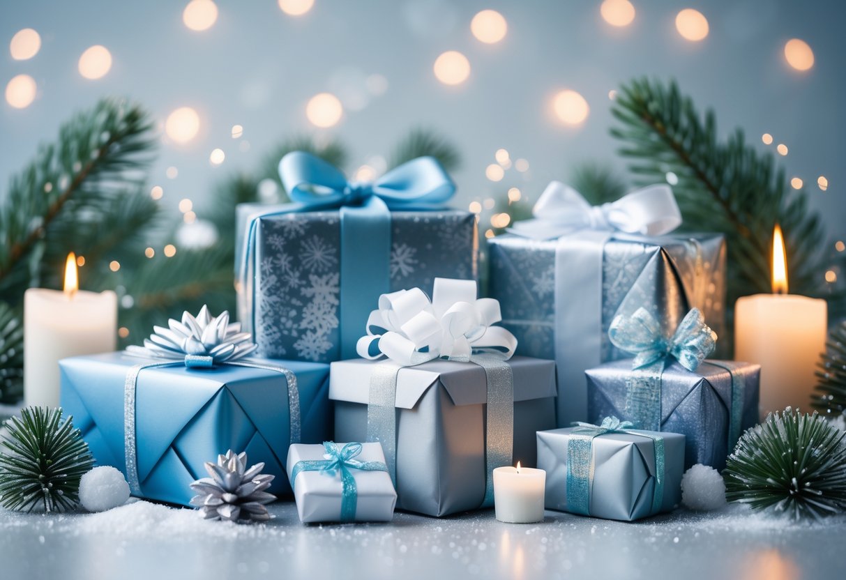 A collection of wrapped birthday gifts in winter colors with pine branches and candlelight on a table.