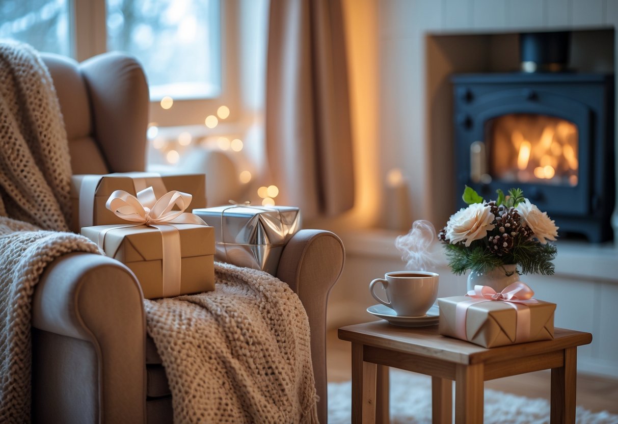 A cozy room with a plush armchair, wrapped gifts on a side table, a steaming mug, and a fireplace glowing softly with snow falling outside.