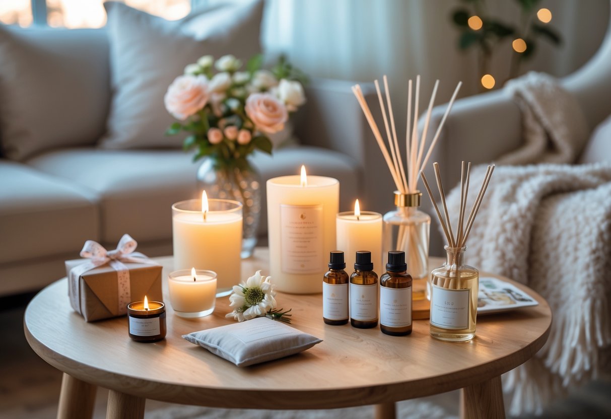 A cozy indoor scene with lit candles, home fragrance items, fresh flowers, and a small gift box arranged on a wooden table near a window.