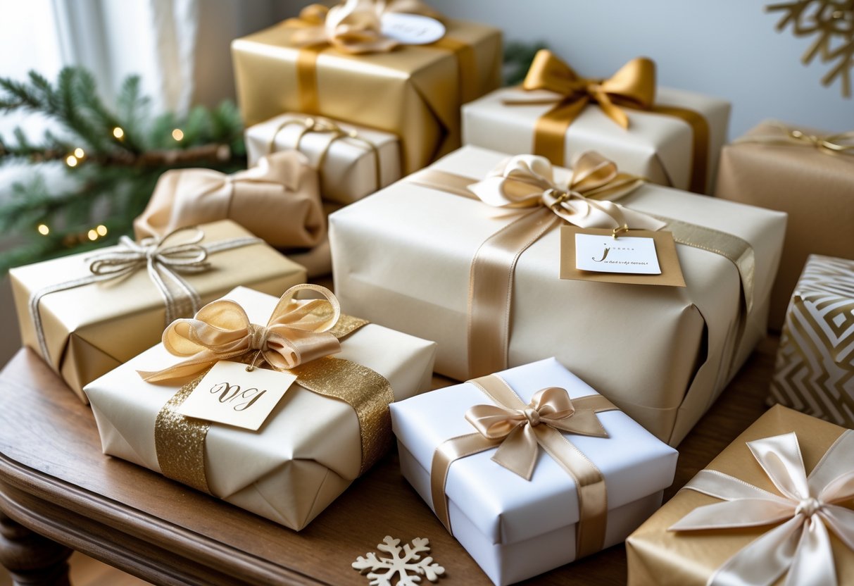 A collection of personalized and wrapped gifts arranged on a wooden table with winter decorations in the background.
