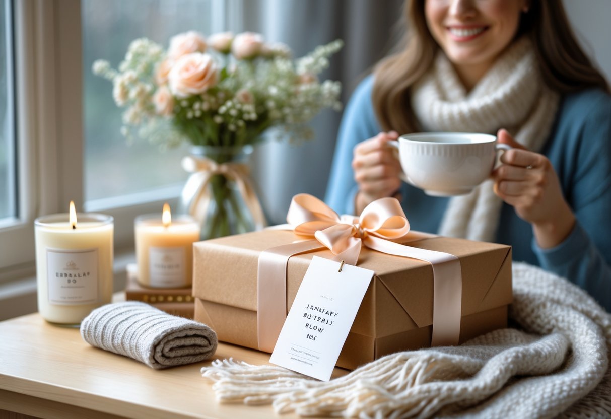A wrapped gift box with ribbon on a table surrounded by flowers, a scarf, and a candle, with a smiling woman holding a cup of tea in the background.
