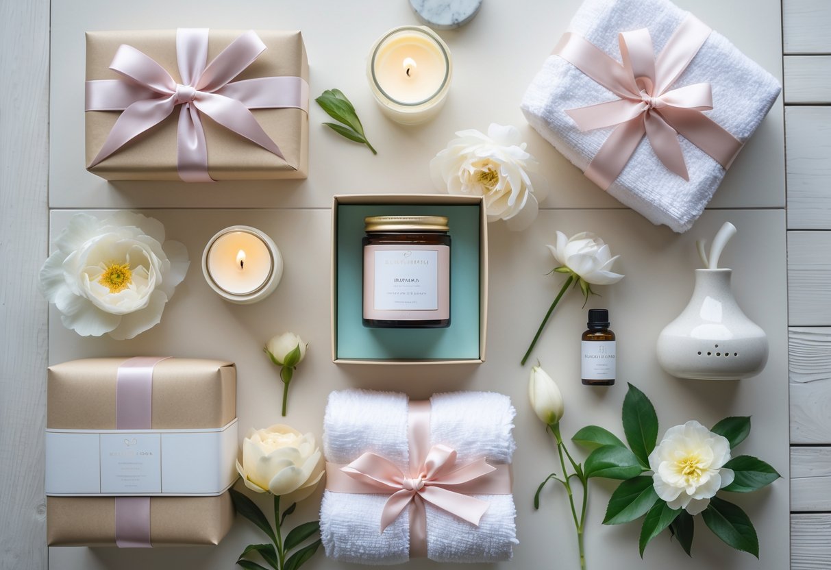 A flat lay of spa and self-care birthday gifts including candles, bath salts, essential oils, a towel, and flowers on a light wooden surface.