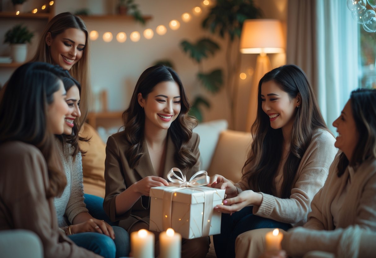 A woman happily receiving a wrapped birthday gift from a friend during a small indoor celebration with balloons and fairy lights.