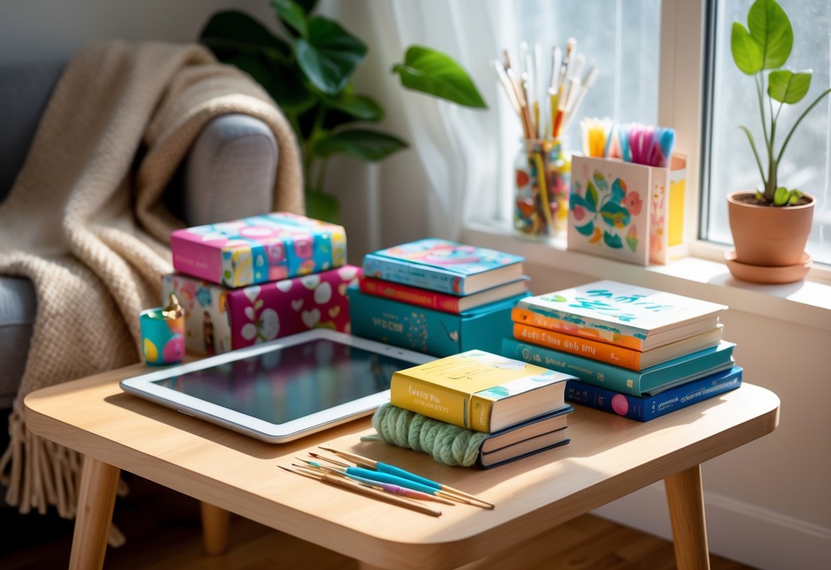 A table displaying tech gadgets, books, and hobby supplies arranged as birthday gifts in a cozy indoor setting with natural light.