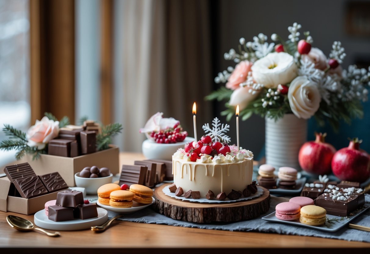 A table displaying an assortment of sweet treats, fresh fruits, and flowers arranged as a birthday gift.