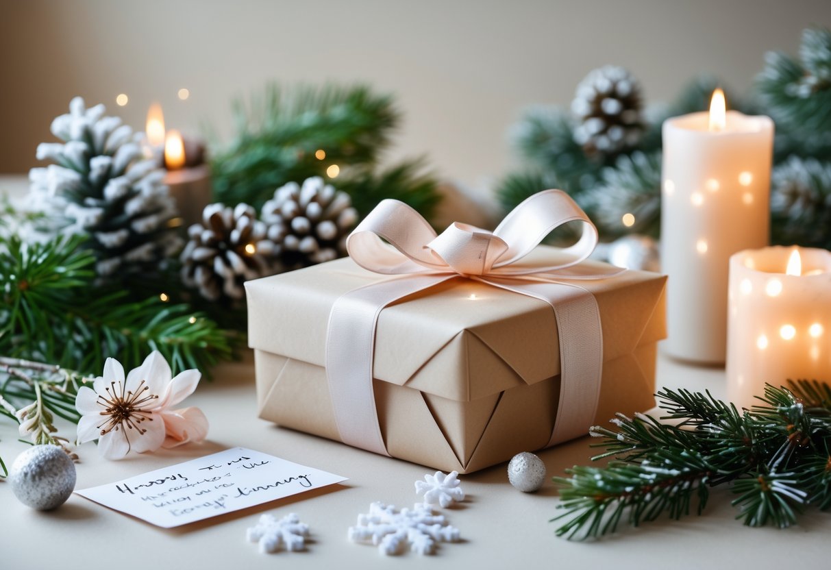 A beautifully wrapped gift box surrounded by winter decorations and flowers on a warm indoor surface.