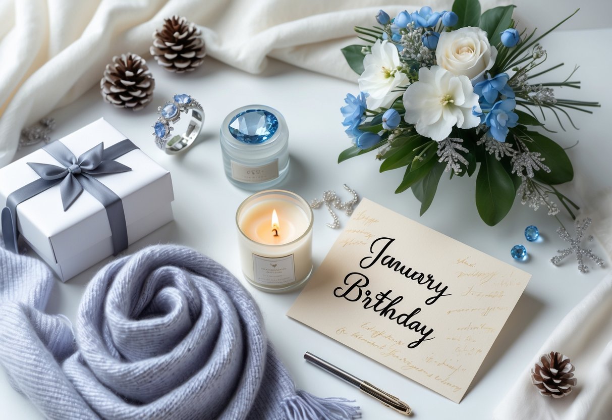 Flat lay of elegant birthday gifts including jewelry, a scarf, flowers, a candle, and a card arranged on a white surface with winter decorations.