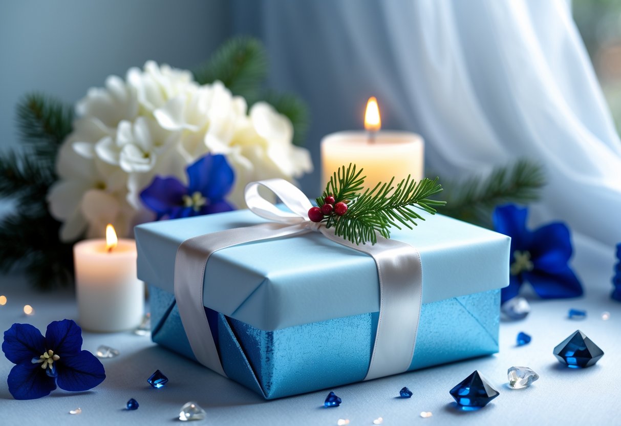 A wrapped gift box with a satin ribbon, surrounded by flowers, a candle, and gemstones on a softly lit surface.