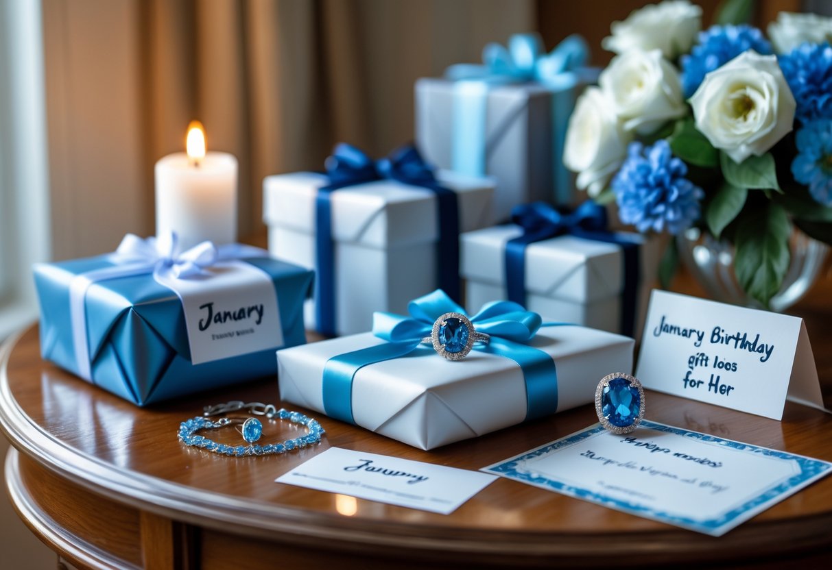 A cozy table displaying wrapped personalized birthday gifts, blue topaz jewelry, flowers, a candle, and a handwritten card.