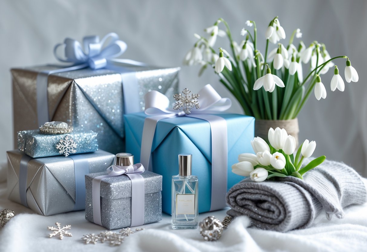 A selection of beautifully wrapped January birthday gifts for her, including silver and blue presents, a jewelry box, perfume bottle, scarf, and white winter flowers on a white surface.