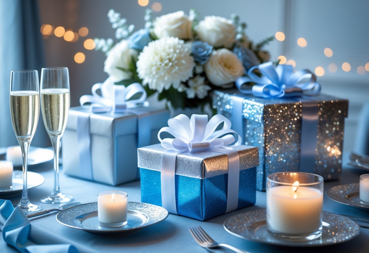 A table set with luxury wrapped gifts, white and blue flowers, crystal glasses, and candles for a birthday celebration.