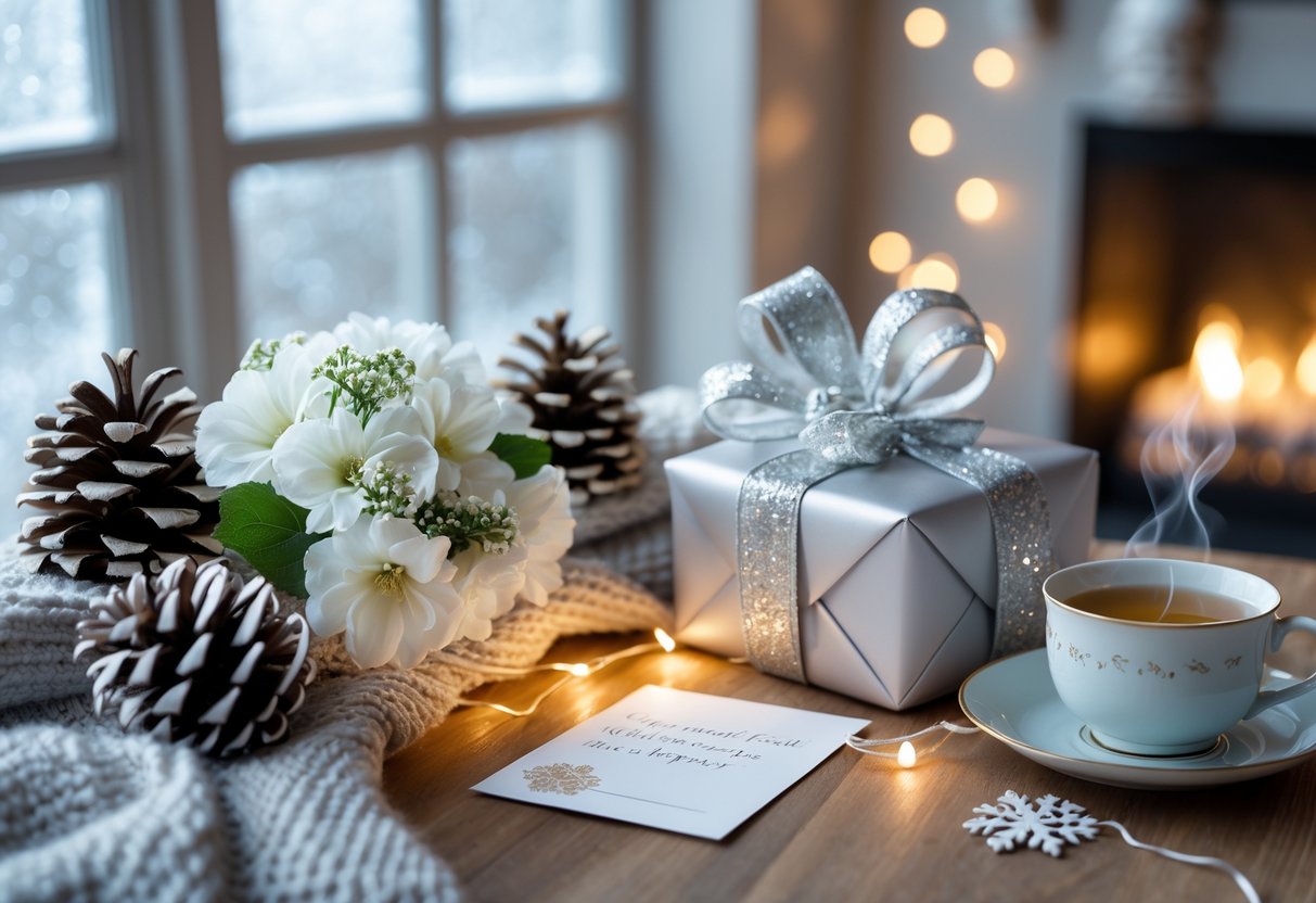 A cozy winter scene with a wrapped gift box, white flowers, a handwritten note, and a cup of tea on a wooden table near a fireplace and frosted window.