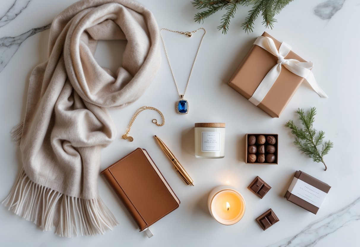 A flat lay of elegant birthday gifts including a sapphire necklace, cashmere scarf, leather journal, scented candle, and chocolates on a white marble surface with natural lighting.