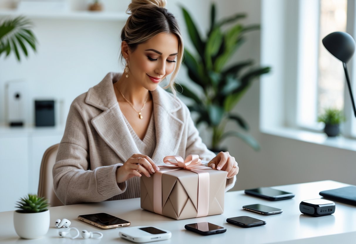 A woman sitting at a desk unwrapping an elegant gift box surrounded by tech gadgets in a bright room with plants.