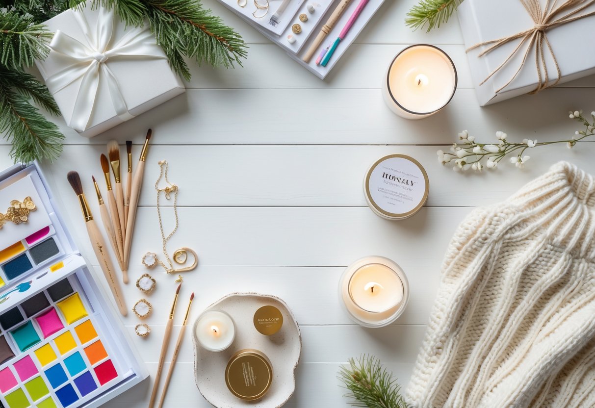 A flat lay of elegant gifts including art supplies, handcrafted jewelry, candles, and cozy knitwear arranged on a white wooden surface with winter greenery.