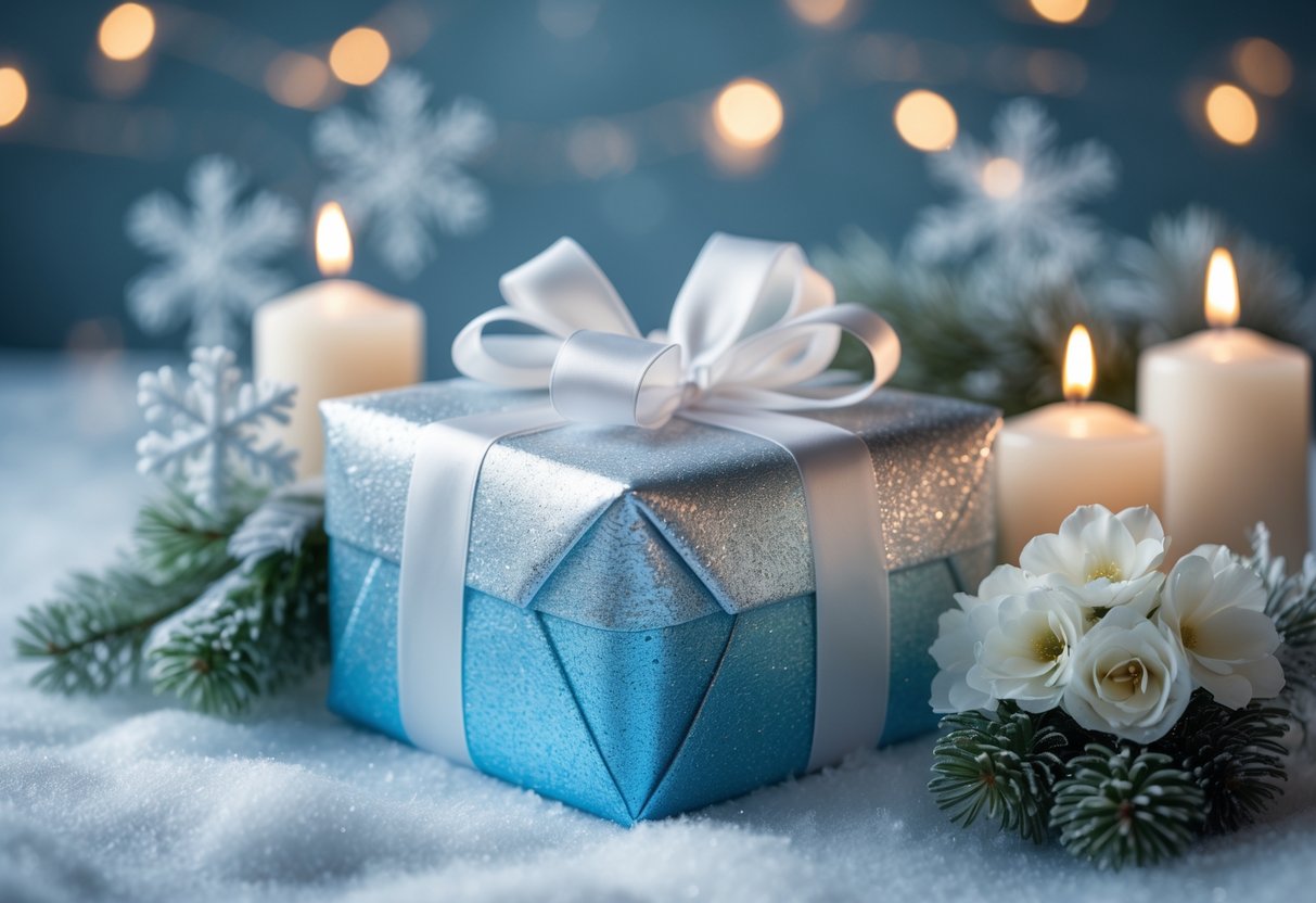 A wrapped gift box with a white ribbon, surrounded by winter decorations and flowers on a softly lit surface.