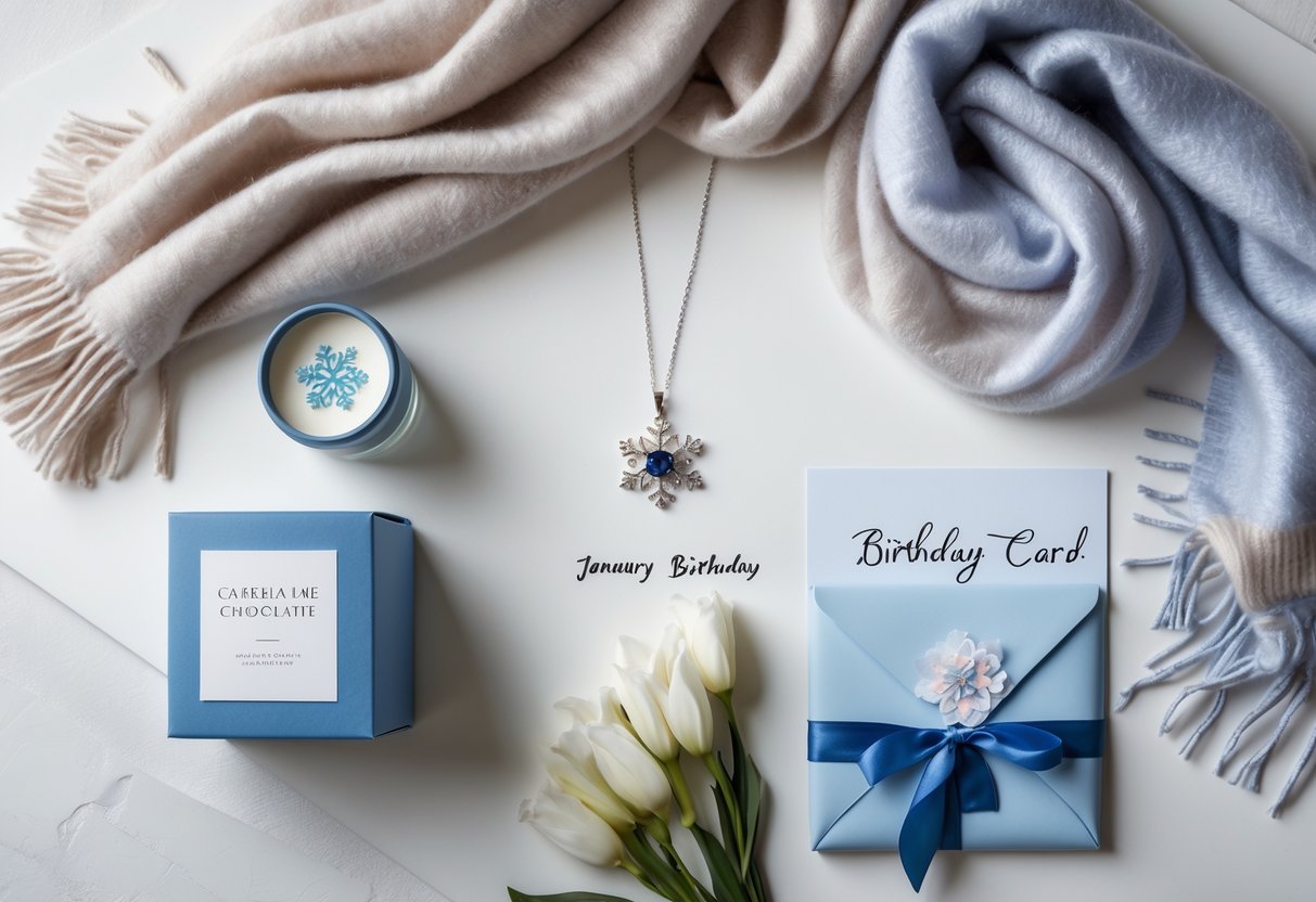 A flat lay of elegant January birthday gifts including a silver snowflake necklace with blue sapphire, a cashmere scarf, a scented candle, artisanal chocolates, and a handwritten card on a white background.