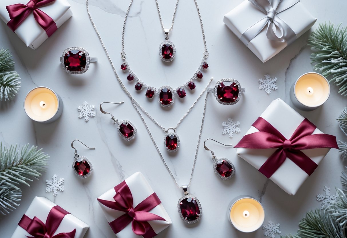 A flat lay of garnet jewelry, wrapped gift boxes, candles, and winter decorations arranged on a white marble surface.