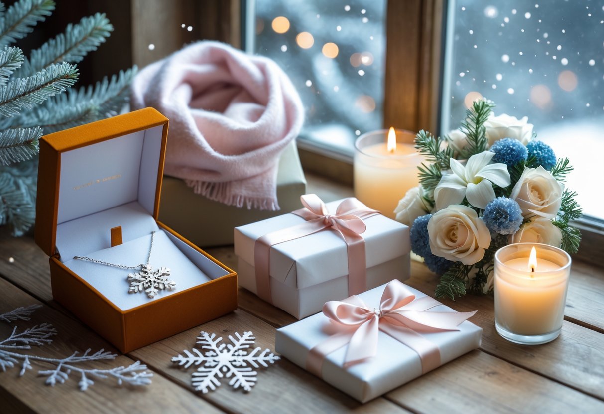 A collection of elegant January birthday gifts for her on a wooden table, including a snowflake necklace, cashmere scarf, wrapped box, flowers, and a lit candle with winter decorations in the background.