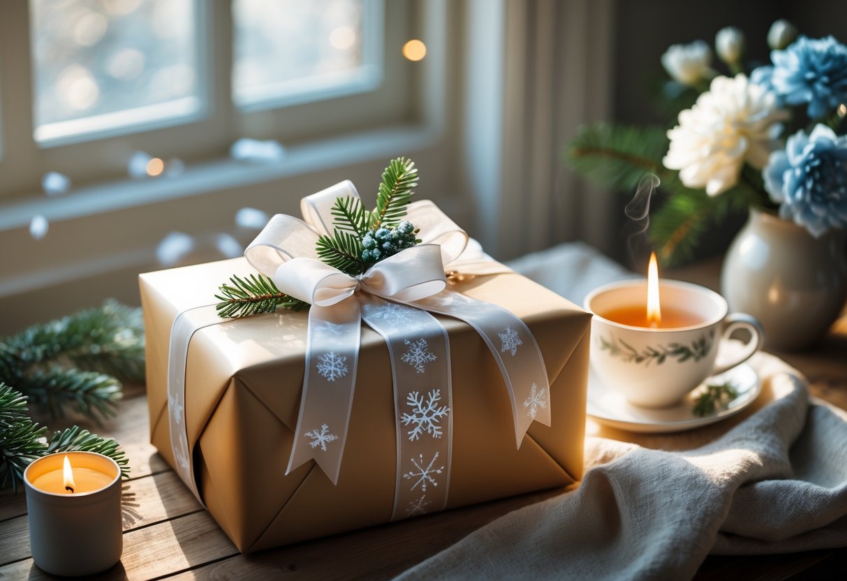 A wrapped birthday gift with winter decorations on a wooden table next to a steaming cup of tea, a lit candle, and a vase of flowers.