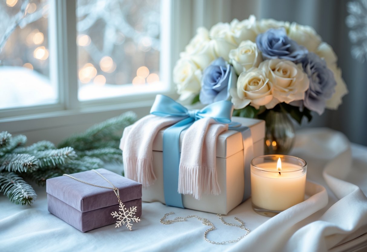 A collection of winter-themed birthday gifts for a woman arranged on a table with natural light, including a silver snowflake necklace, a cashmere scarf, a wrapped gift box, flowers, and a candle.