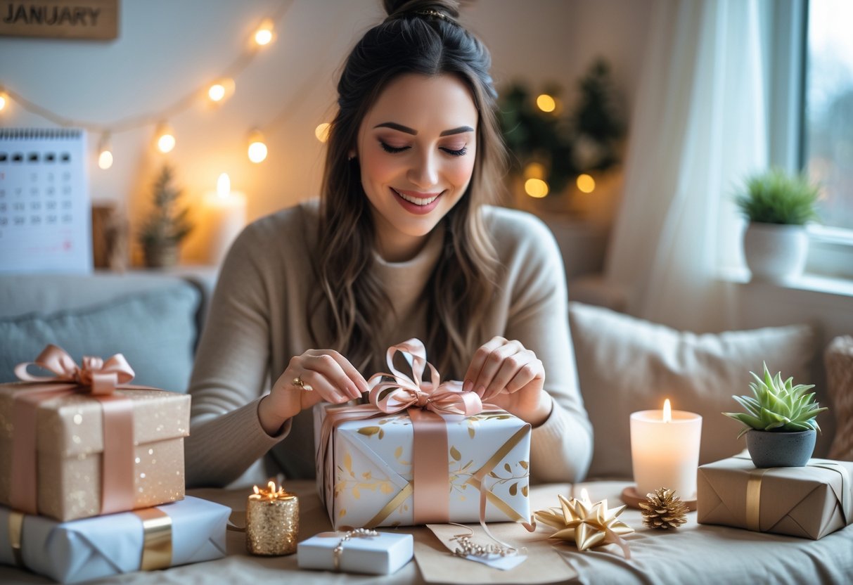 A woman happily unwrapping a birthday gift surrounded by personalized presents and cozy winter decorations.