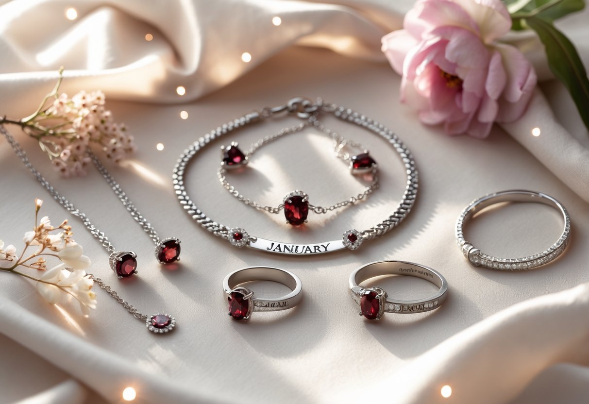 A collection of silver and white gold jewelry with garnet birthstones arranged on soft fabric with floral accents.