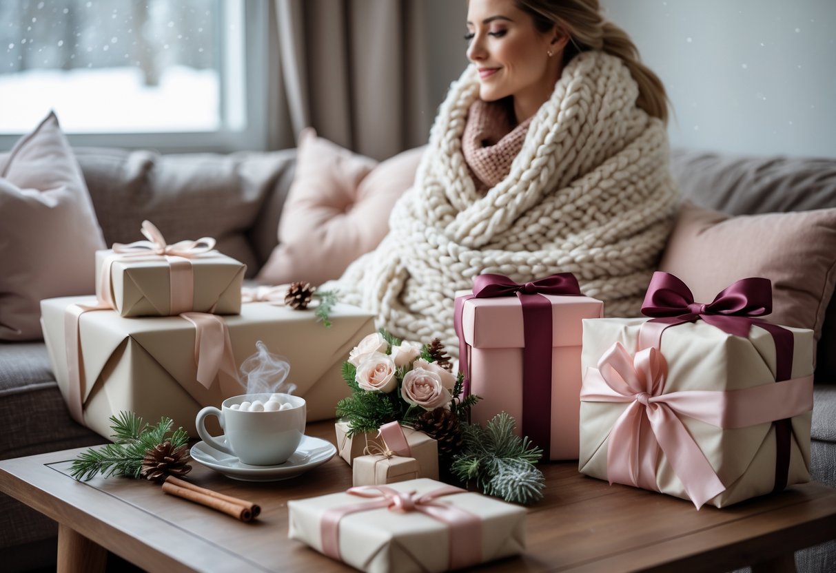 A woman wrapped in a warm blanket sitting on a sofa near a window with snow outside, surrounded by wrapped birthday gifts and a cup of hot drink on a table.