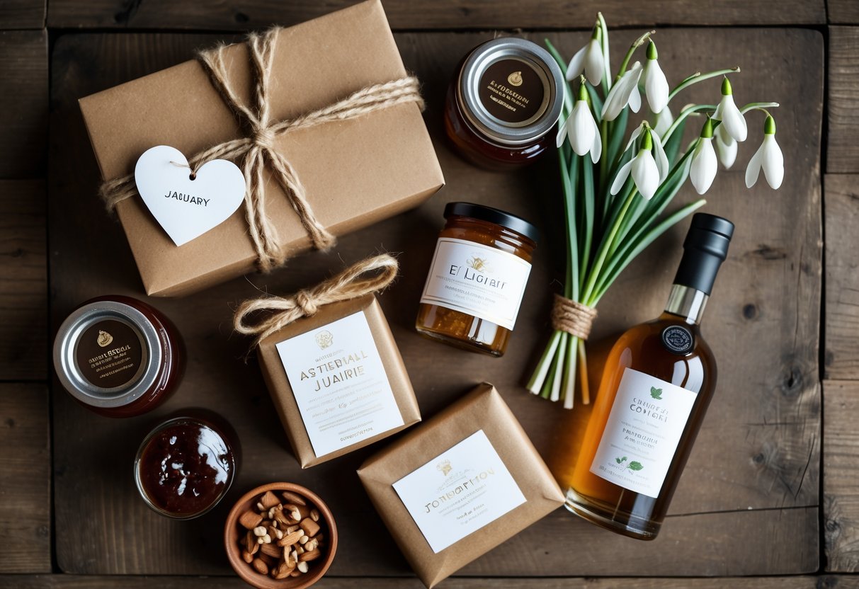 A flat lay of food and drink gifts on a wooden table including jams, chocolates, a bottle of spiced liqueur, and snowdrop flowers arranged for a January birthday.