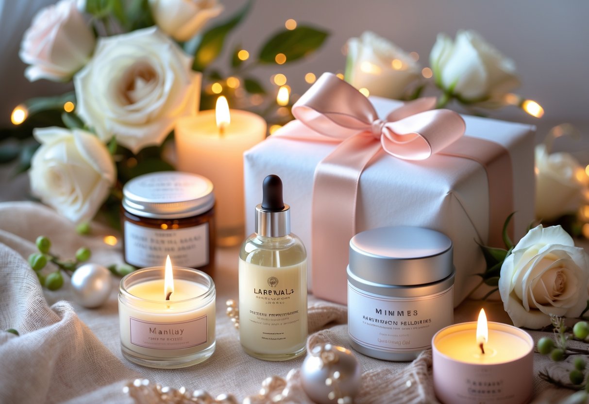 A beautifully wrapped birthday gift box surrounded by skincare products, scented candles, and fresh flowers on a softly lit surface.