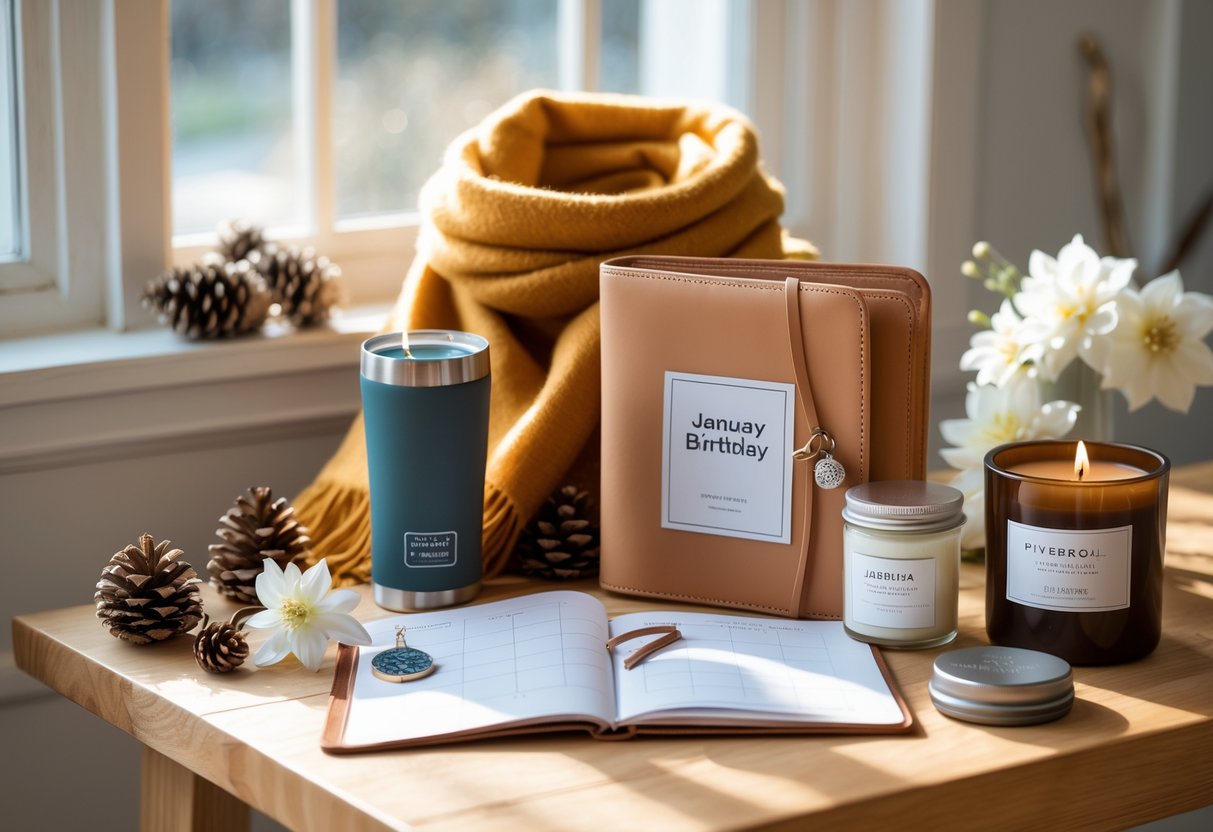 A collection of elegant daily-use gifts for a woman, including a travel mug, cashmere scarf, leather planner, silver bracelet, and scented candles, arranged on a wooden table with soft natural light and winter-themed decorations.
