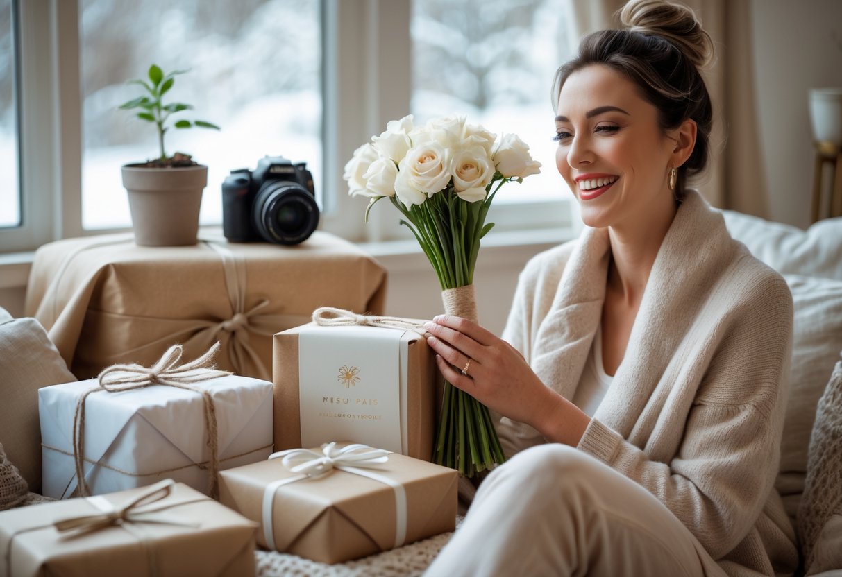 A woman smiling warmly while holding a bouquet of winter flowers, surrounded by thoughtful gifts like a journal, camera, and photo album in a cozy room with frosted windows.