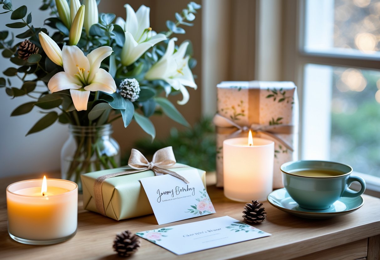 A cozy table with a bouquet of winter flowers, a small wrapped gift, a handmade card, a lit candle, pine cones, and a cup of tea near a sunlit window.