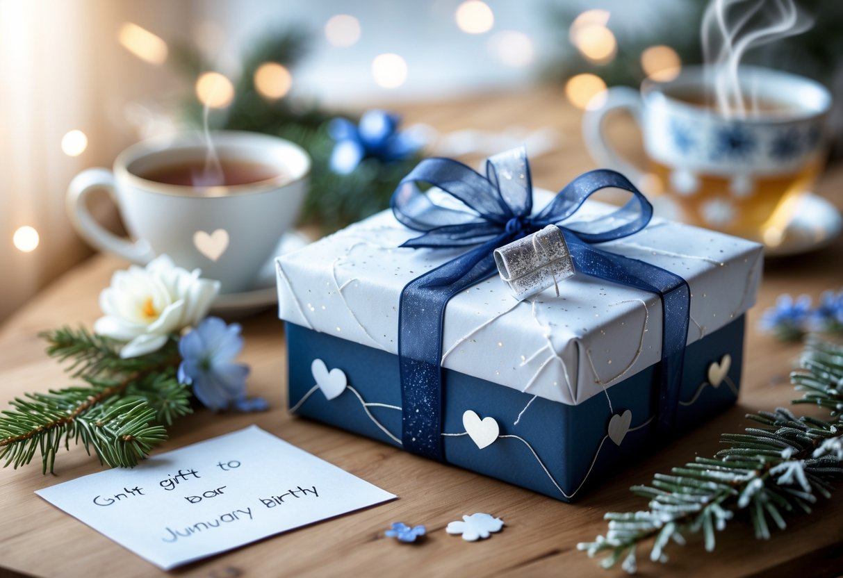 A wrapped birthday gift with heart decorations on a wooden table, surrounded by flowers, evergreen sprigs, a handwritten note, and a cup of tea.