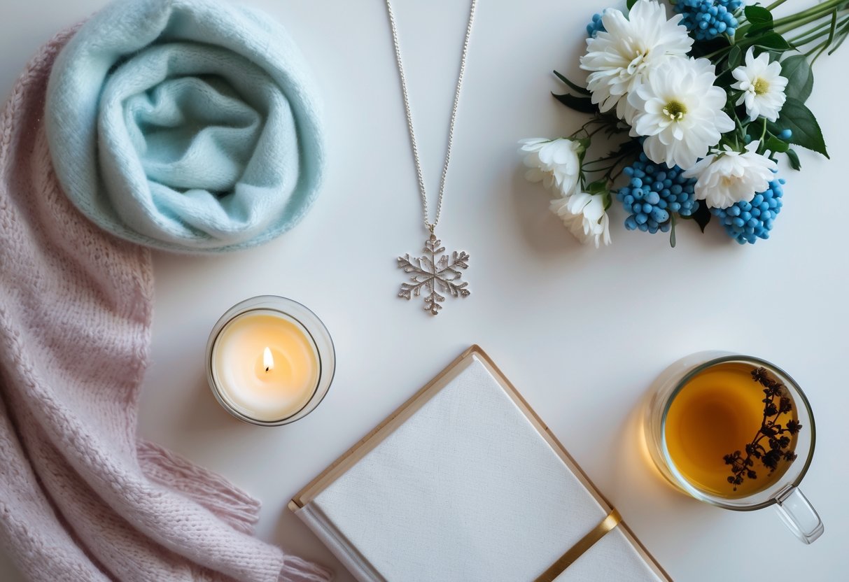 A flat lay of unique January birthday gifts for her including a cashmere scarf, silver snowflake necklace, scented candle, fresh flowers, a journal, and a cup of herbal tea.