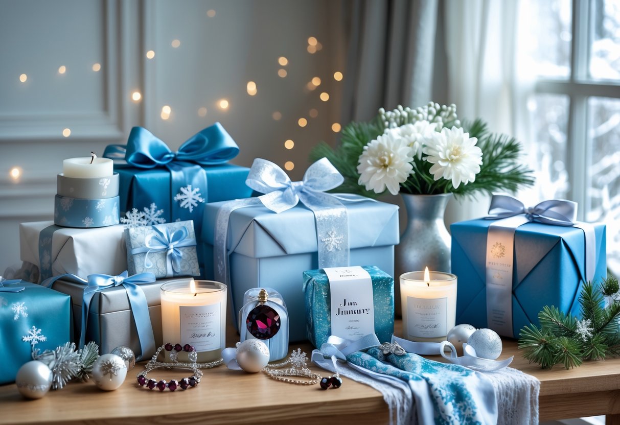 A cozy table with wrapped January birthday gifts including garnet jewelry, a scarf, a candle, and a journal, decorated with white flowers and pine branches by a frosted window.
