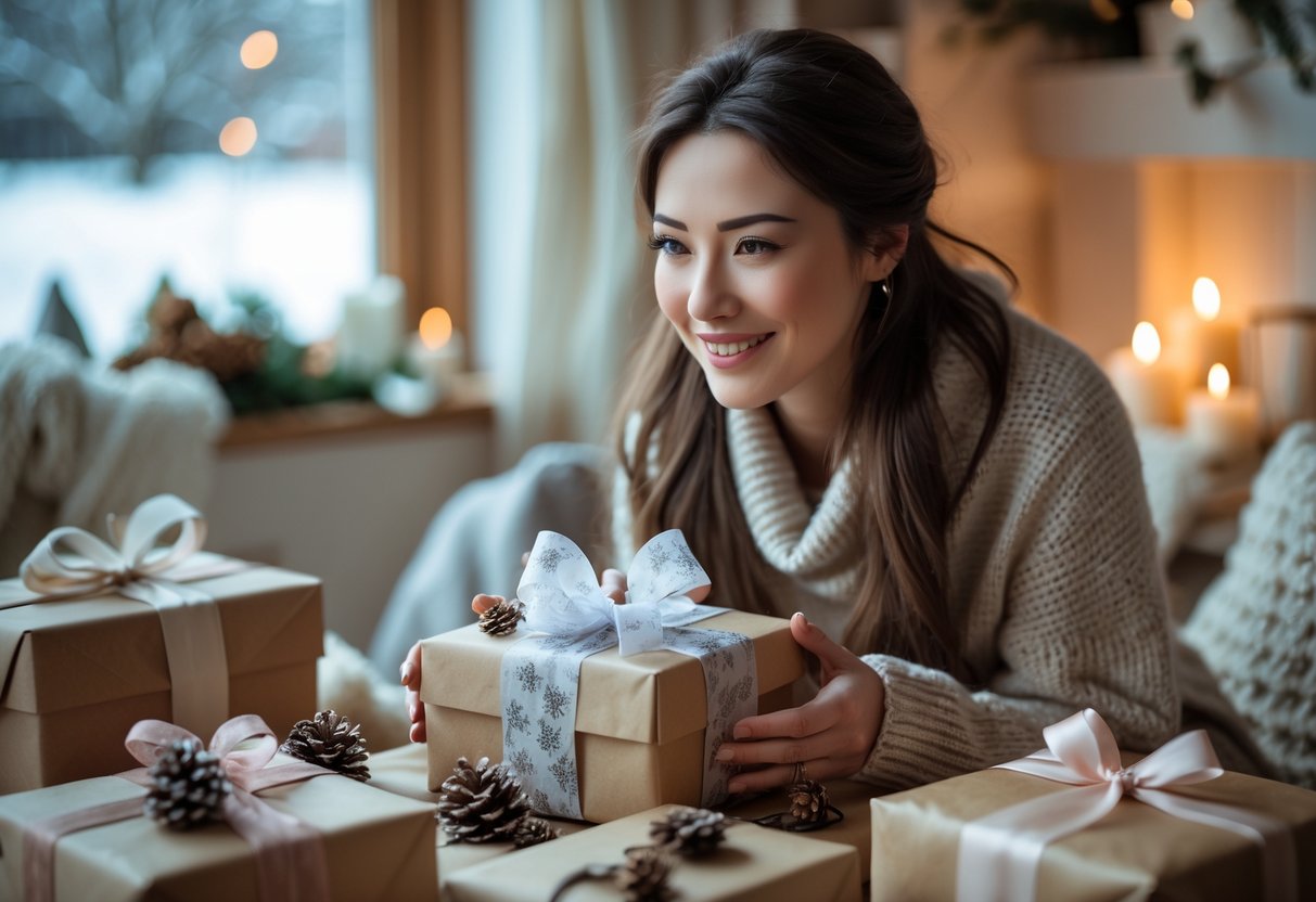 A young woman smiling while holding a beautifully wrapped birthday gift indoors with a snowy scene visible through the window.