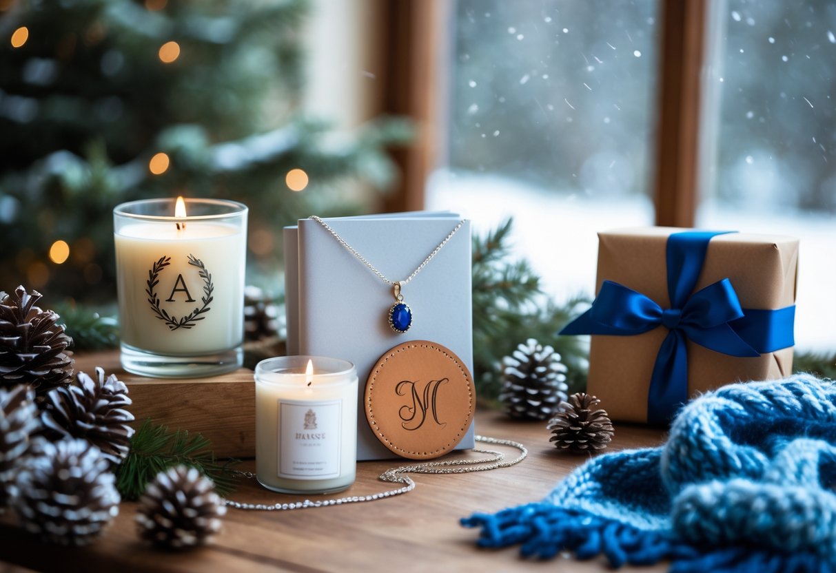 A table with personalized gifts including a sapphire necklace, leather journal, candle, and wrapped box surrounded by winter decorations and a snowy window in the background.