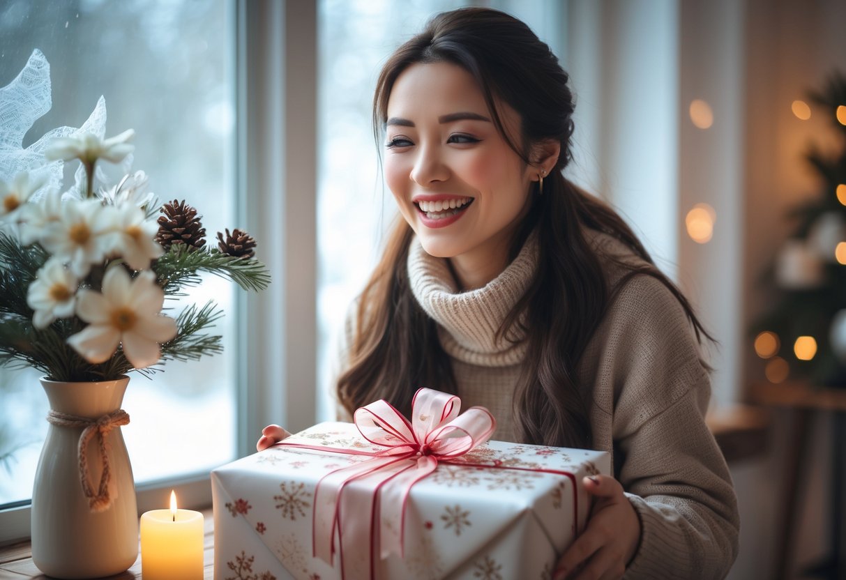 A woman happily receiving a beautifully wrapped gift indoors with winter decorations and soft natural light.