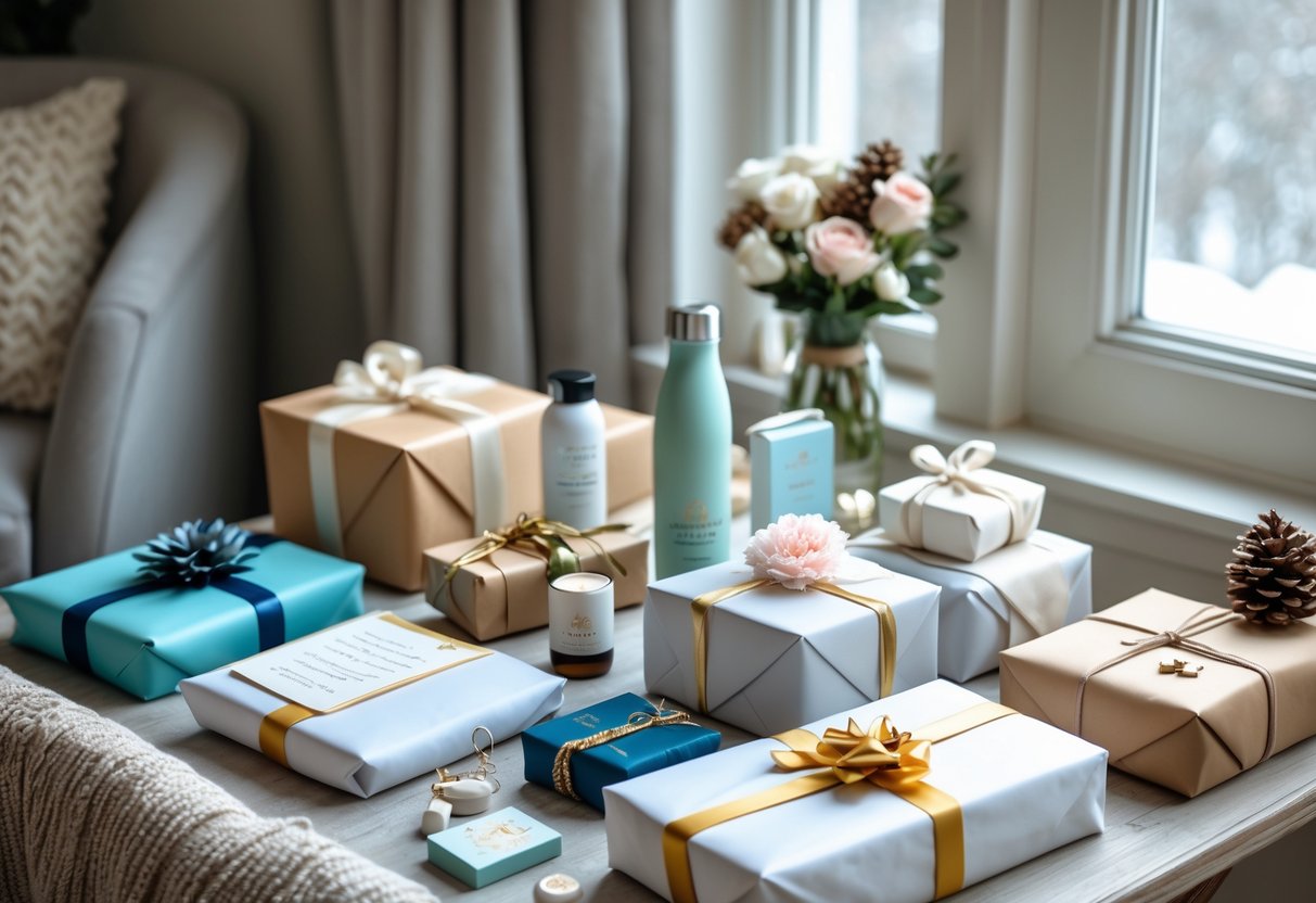 A table with neatly wrapped gifts including practical items and personal touches, surrounded by winter-themed decorations.