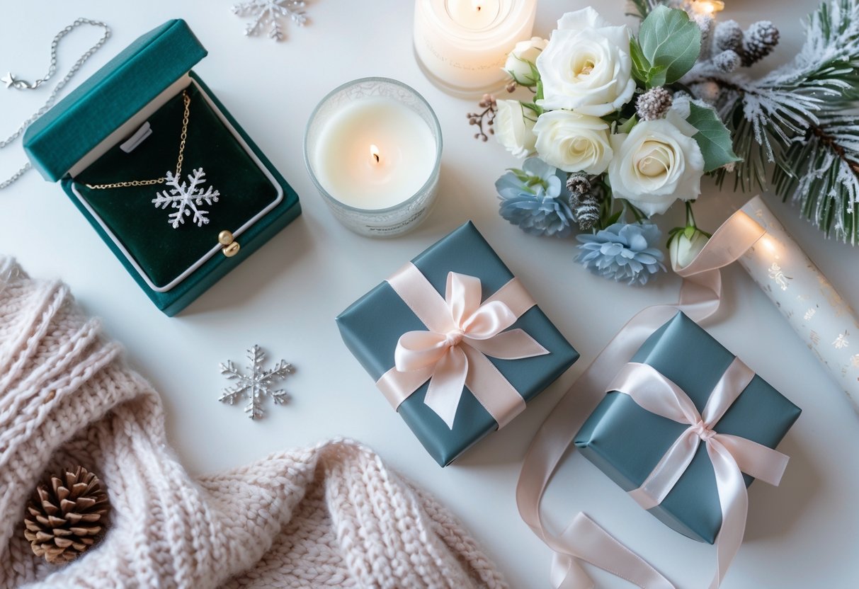 Flat lay of January birthday gifts including a silver snowflake necklace, scented candle, knitted scarf, flowers, and a wrapped gift box on a white surface with winter decorations.