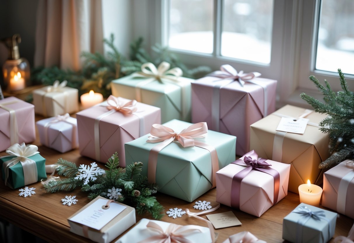 A wooden table with several wrapped gift boxes surrounded by snowflakes, evergreen sprigs, and lit candles near a window with natural light.