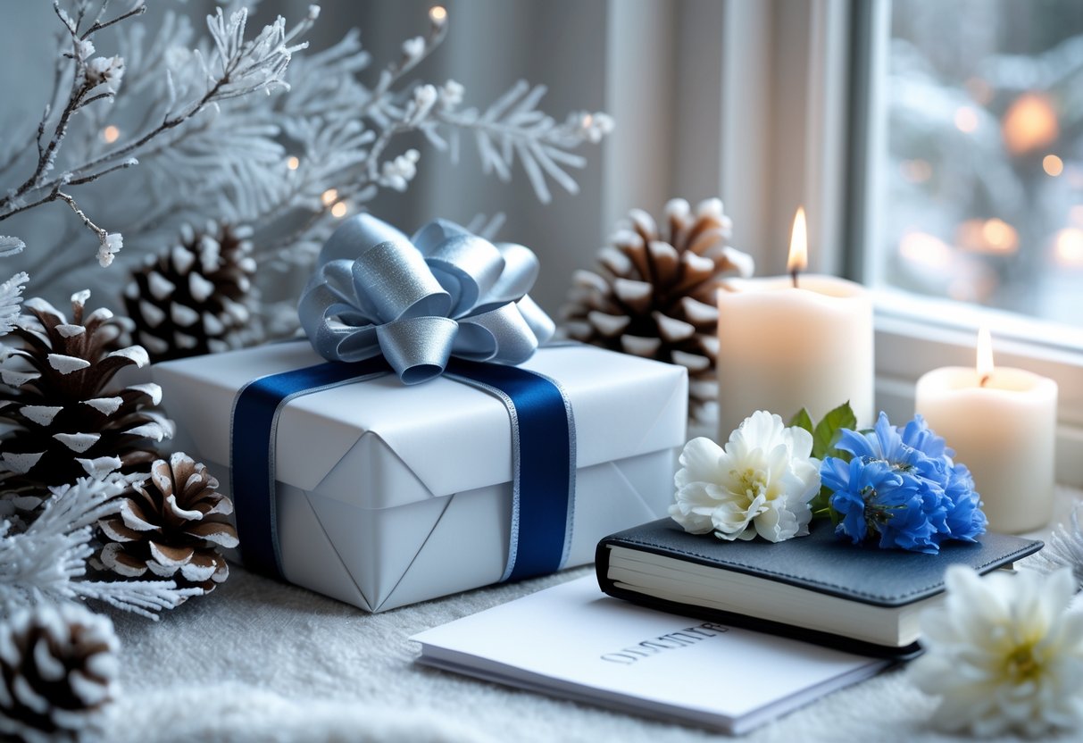A cozy scene with a wrapped gift box, candles, flowers, and winter decorations arranged on a table by a window.