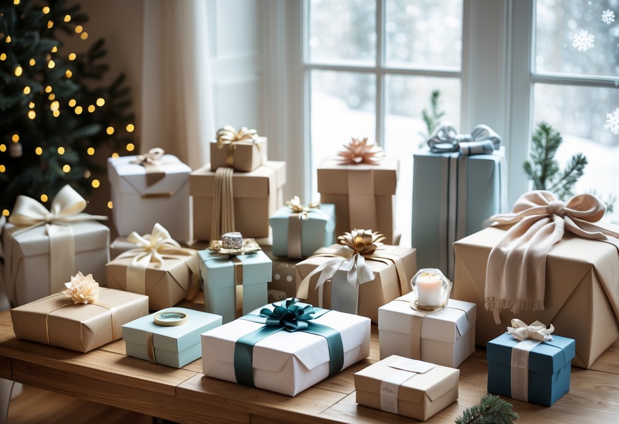 A variety of wrapped gift boxes and personalized items arranged on a table with winter decorations visible in the background.