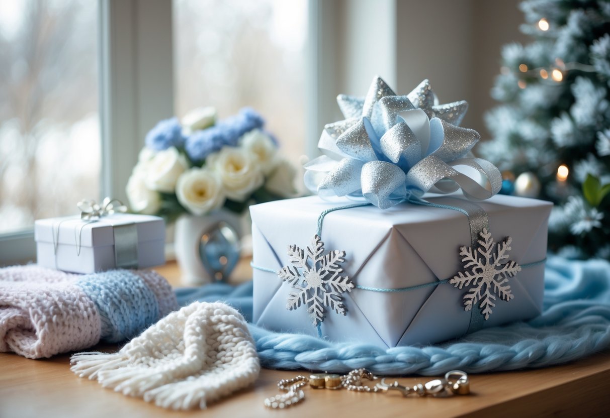 A beautifully wrapped birthday gift with winter decorations on a wooden table surrounded by a jewelry box, knitted scarf, and fresh flowers.