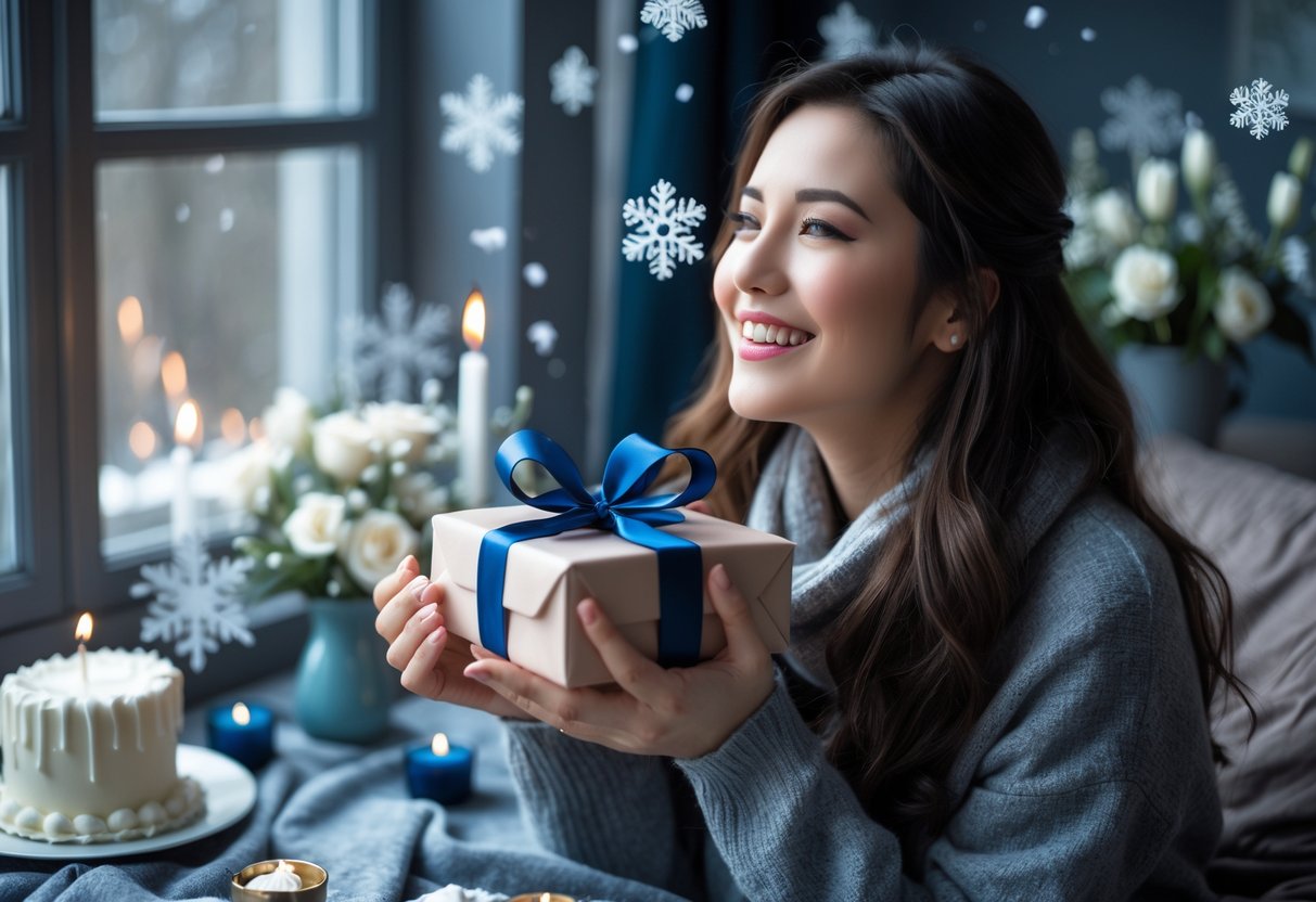 A woman celebrating her January birthday indoors, holding a wrapped gift surrounded by winter-themed decorations and a small birthday cake.